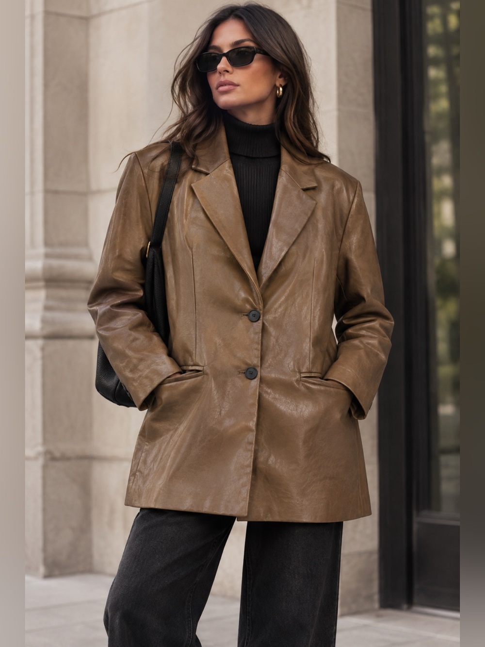 ZARA Faux Leather Blazer Jacket Camel Cognac Caramel Brown 2 Button Womens L